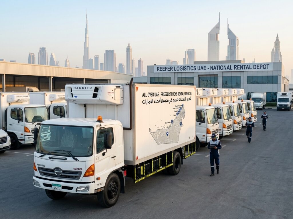 Rent freezer, chiller & reefer trucks in Musaffah Abu Dhabi. UAE7Star Transport provides reliable MOCCAE-compliant refrigerated transport for food & pharma.