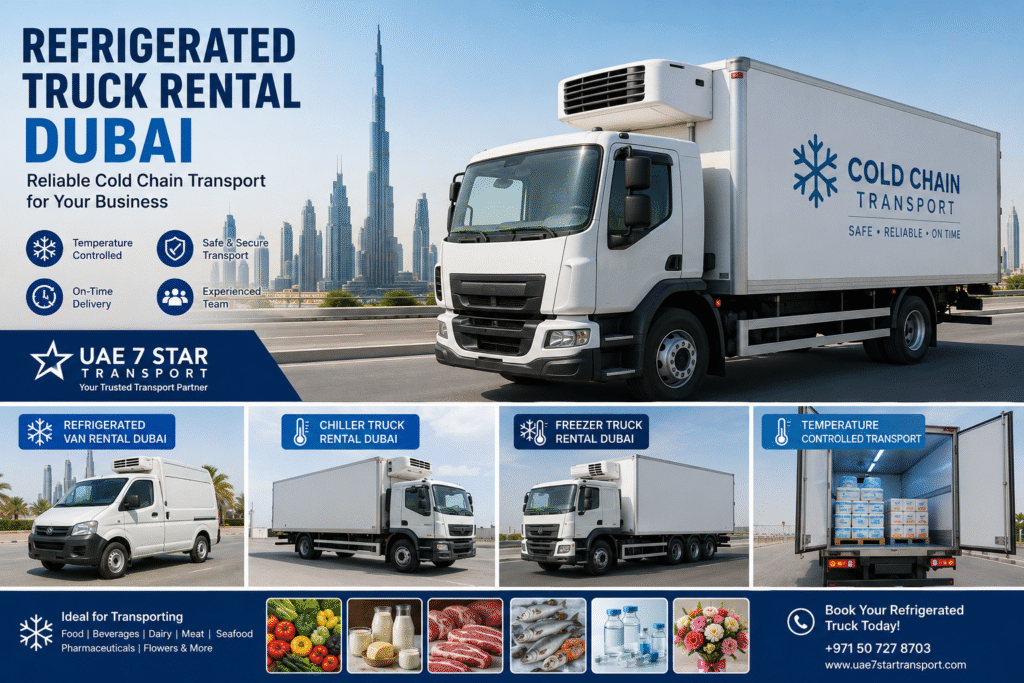 Refrigerated Truck Rental Dubai Chiller Truck Rental Dubai Freezer Truck Rental Dubai Cold Transport Dubai Refrigerated Van Rental Dubai Reefer Truck Rental Dubai Cold Chain Logistics Dubai Temperature Controlled Transport Dubai Food Transport Dubai UAE7Star Transport