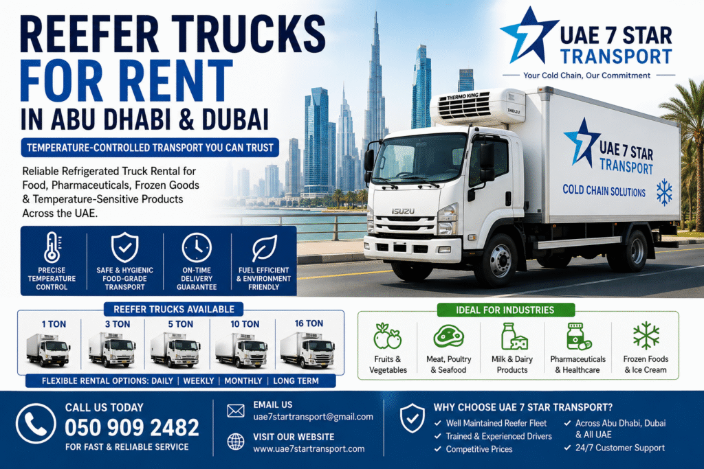 Reefer Trucks for Rent in Abu Dhabi and Dubai | UAE 7 Star Transport