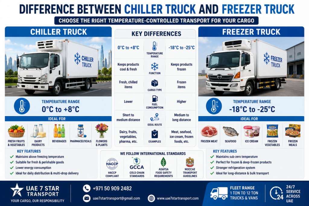 hiller Truck Freezer Truck Chiller vs Freezer Truck Refrigerated Transport UAE Cold Chain Logistics Reefer Truck UAE Food Transport UAE HACCP Transport MOCCAE Guidelines UAE 7 Star Transport Secondary Keywords Chiller Truck Rental UAE Freezer Truck Rental Abu Dhabi Refrigerated Truck UAE Cold Chain Transport UAE Reefer Truck Rental Temperature Controlled Transport Food Safety Transport UAE Pharmaceutical Transport UAE Frozen Food Logistics Refrigerated Logistics UAE Recommended Schema: Article + FAQPage + LocalBusiness + Service Suggested Internal Links Chiller Truck Rental Abu Dhabi Freezer Truck Rental UAE Reefer Truck Rental UAE Refrigerated Transport Services Cold Chain Logistics Guide Pharmaceutical Transportation Services
