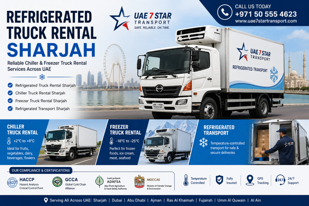 Refrigerated Truck Rental Sharjah, Chiller Truck Rental Sharjah, Freezer Truck Rental Sharjah, Refrigerated Transport Sharjah, Cold Chain Transport UAE, Reefer Truck Rental Sharjah, Temperature Controlled Transport UAE, HACCP Transport UAE, GCCA Cold Chain Logistics, UAE7Star Transport