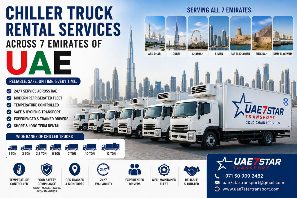 Chiller Truck Rental UAE Chiller Truck Rental Dubai Chiller Truck Rental Abu Dhabi Refrigerated Truck Rental UAE Temperature Controlled Transport UAE Cold Chain Logistics UAE Chiller Transport Services Refrigerated Logistics UAE