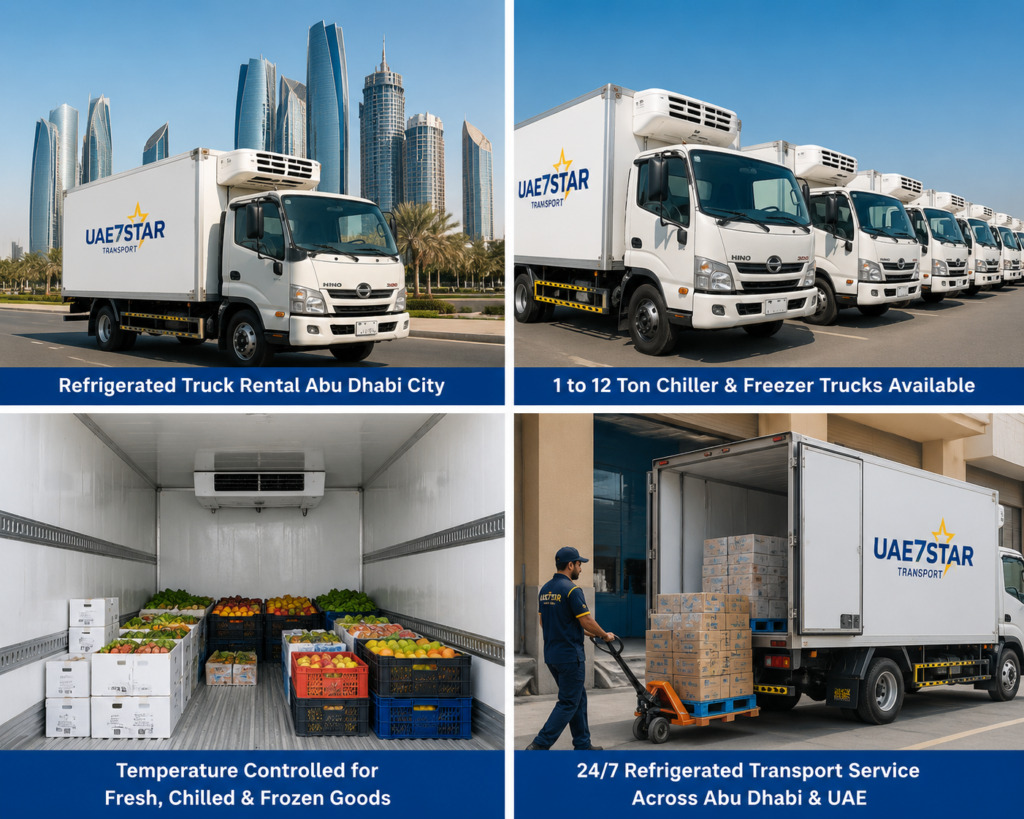 Refrigerated truck rental Abu Dhabi, Chiller truck rental Abu Dhabi, Freezer truck rental Abu Dhabi, Reefer truck rental Abu Dhabi, Refrigerated van rental Abu Dhabi, Cold chain transport Abu Dhabi, Temperature-controlled transport Abu Dhabi, Food transport Abu Dhabi, Mussafah refrigerated truck rental, ICAD chiller truck rental, UAE refrigerated truck rental, 24/7 refrigerated truck Abu Dhabi,