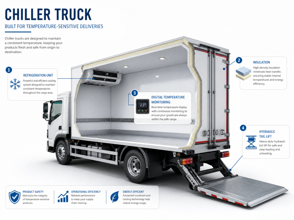 Chiller truck with tail lift rental in UAE providing temperature-controlled transport for food, pharmaceuticals, catering, and cold chain logistics.