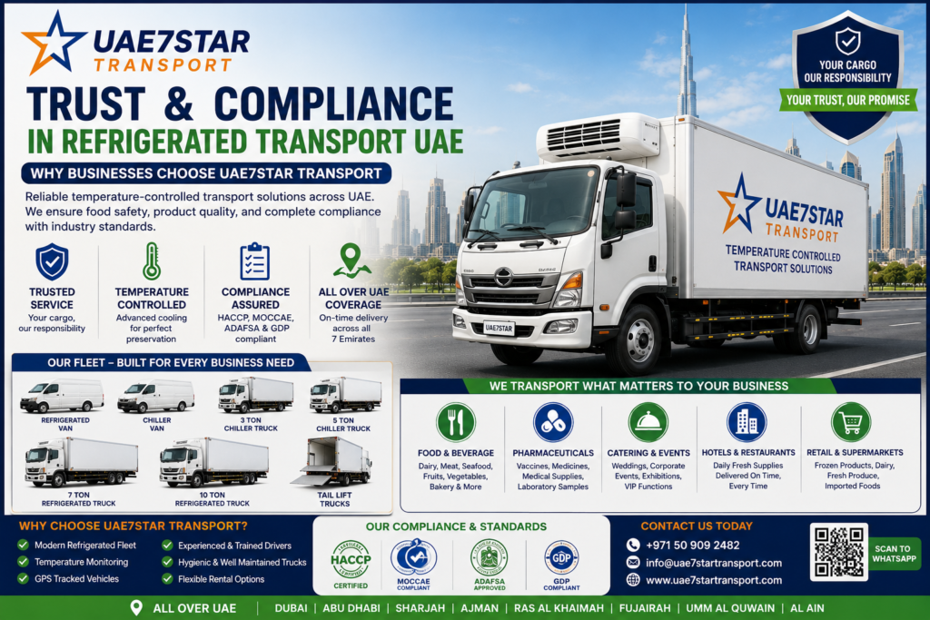 Trusted refrigerated transport services in UAE with refrigerated trucks, freezer trucks and chiller vans operated by UAE7Star Transport.