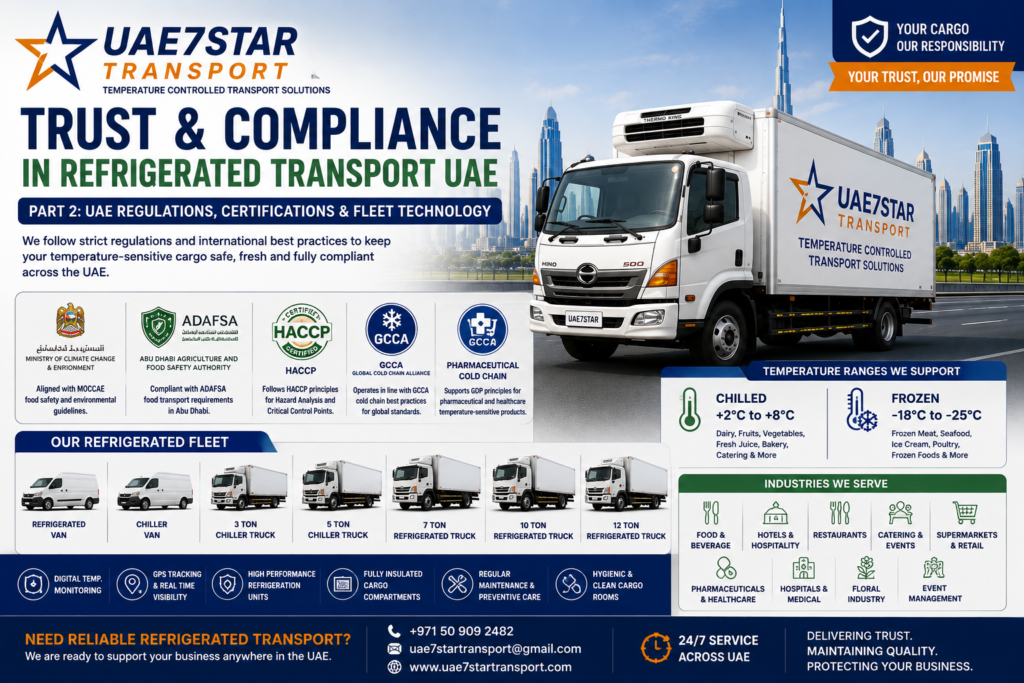 refrigerated transport UAE, cold chain logistics, chiller truck rental, freezer van hire, food safety certified transport, Abu Dhabi cold chain, Dubai refrigerated trucks, MOCCAE compliance, HACCP transport UAE